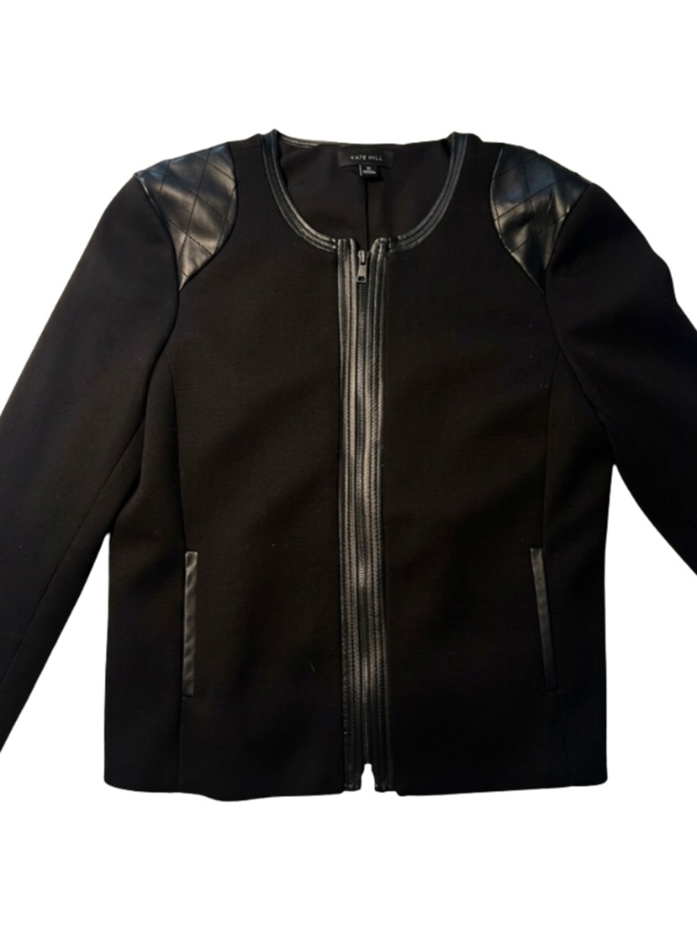 Ann Taylor Black Zip Up Jacket with Faux Leather Patches and Details Moto Style